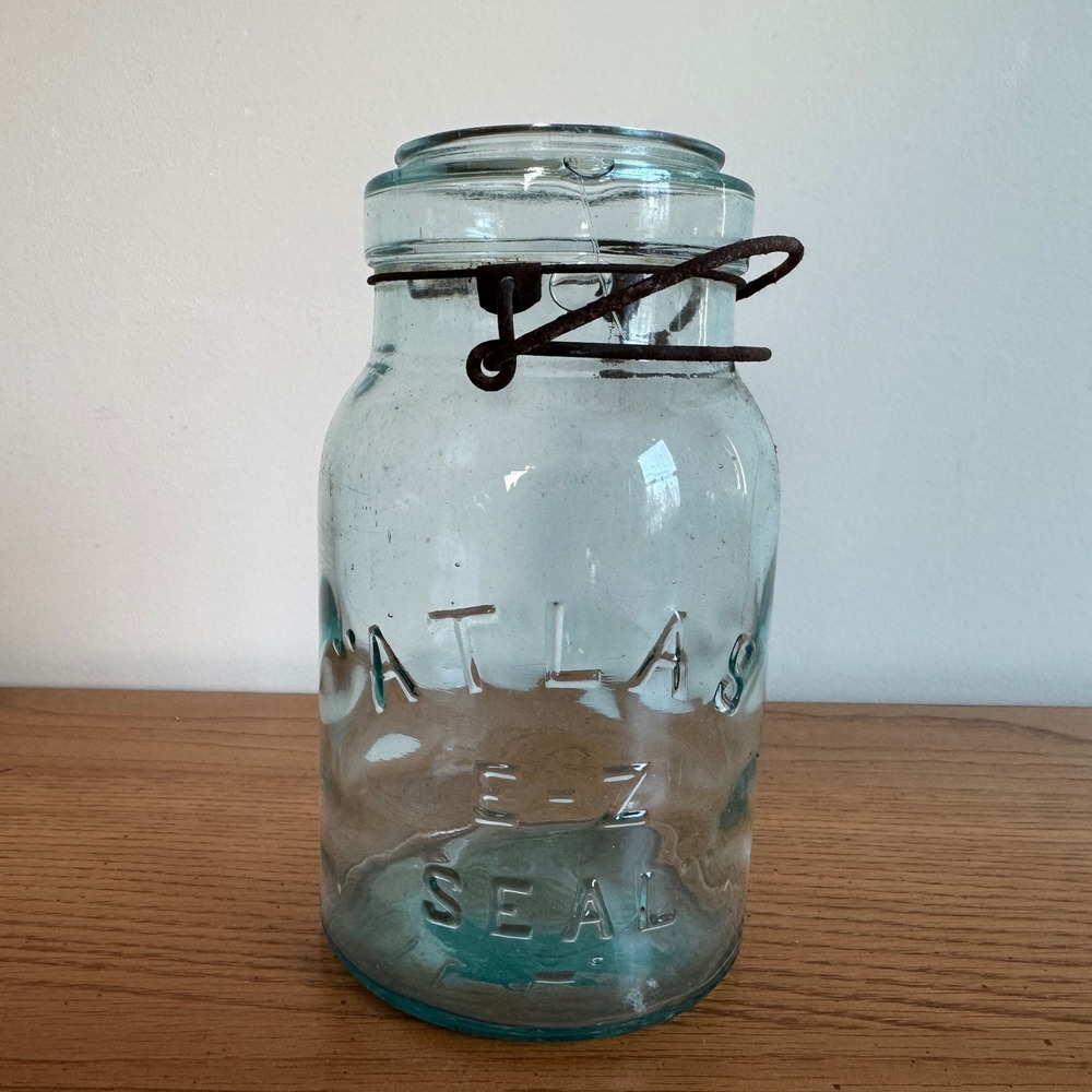 Antique Atlas E Z‎ Seal Glass Canning Quart Jar Blue Tint Wire Bail Clamp Lid